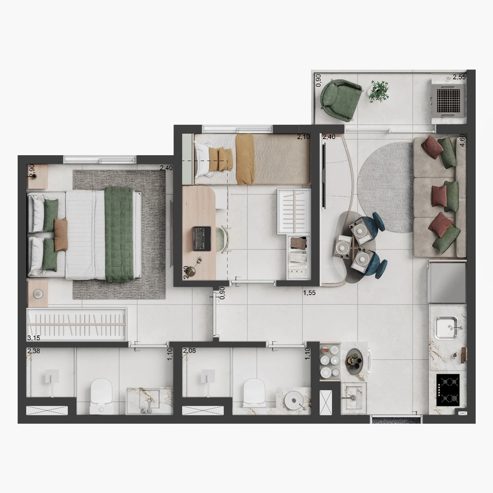 Tour Virtual — 2 Dorms c/ Suíte 37m² – Elev Park Sacomã
